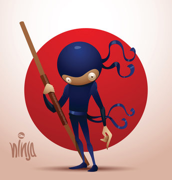Vector image of ninja warrior in the traditional dark blue suit which stands with stave on the background of the red circle on a light background, symbolizing the flag of Japan.