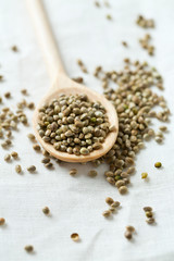 hemp seeds on wooden surface