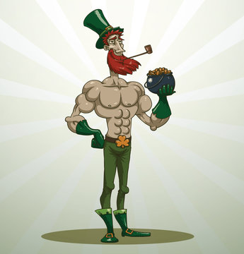 Vector cartoon image of Saint Patrick with red hair and a beard in green trousers, boots, gloves and a hat, with a pipe and a pot of gold on a light background. In the theme of St. Patrick's  Day.