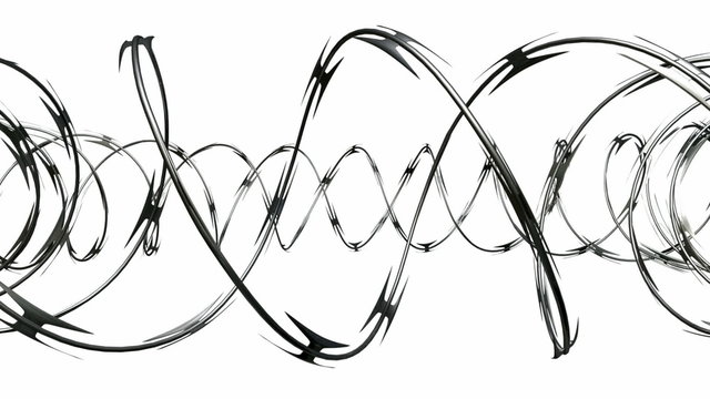A pan across a coil of razor wire on an isolated white background