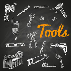 Set of Different Hand Drawn Tools on black background
