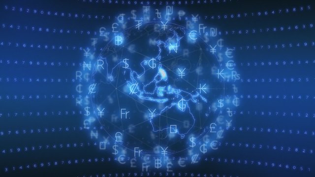 地球のイメージの周りを回る通貨記号（数字の背景）