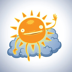 Vector funny sun smiling. Cartoon image of an orange funny sun smiling sitting on a cloud on a blue celestial background.