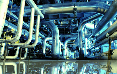 Industrial zone, Steel pipelines in blue tones with reflection