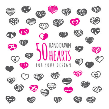 50 hand drawn hearts with ornaments