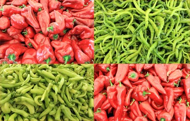 Fresh green peppers and red, bitter and sweet, a great harvest, collage 4 photos