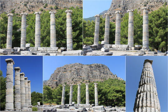 
The ruins of the ancient city Priene in Turkey Temple of Artemis, amphitheater, columns, walls, collage 5 photo