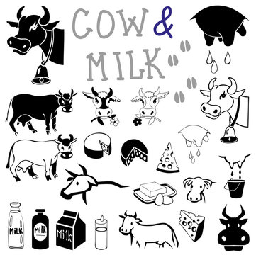 cow and milk drawings and icons