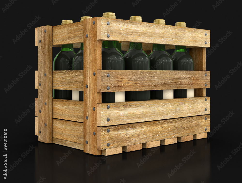 Poster wooden box with wine bottles. image with clipping path