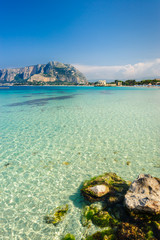 Clear turquoise waters of Mondello beach, Palermo, Sicily, Italy. - 94211051