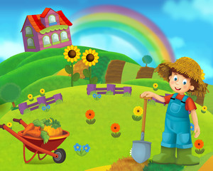 Cartoon farm scene with a farm girl - illustration for the children