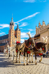 Fototapeta Horse carriages at main square in Krakow obraz