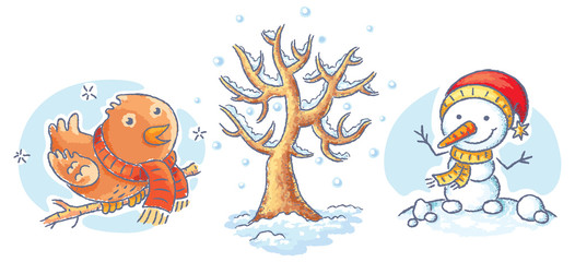Set of cartoon winter elements - tree, bird and snowman