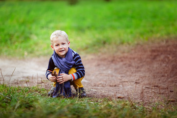 autumn baby boy playing with cones, collect cones in the woods