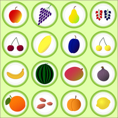 Fruits and berries icons isolated on white background. Healthy Food. Set of flat design icons for websites and promotional materials. Template for cooking, restaurant menu and vegetarian food. Vector