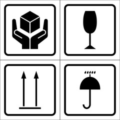 Packaging symbols in a squares. Fragile icon, Keep dry icon, This side up icon, Handle with care icon. Fragile cardboard black signs isolated on a white background. Stock vector illustration