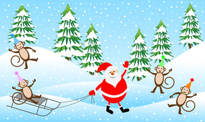 Four funny monkeys and Santa Claus in the winter forest