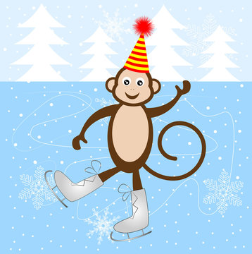 Cheerful monkey skate on the ice