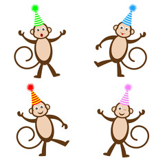 Four funny monkeys in festive hats
