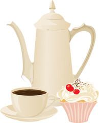 Сoffee pot, Cup of coffee and a cake.
