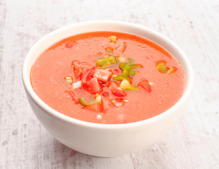 Andalusian gazpacho in white porcelain bowl