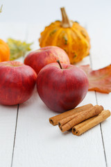 Apples, cinnamon and pumpkins on wodden table.
