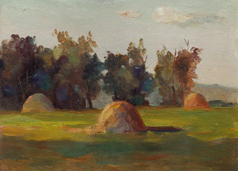 Beautiful Original Oil Painting Landscape On Canvas with trees grass haystacks