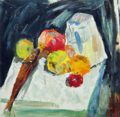 Oil painting. Still life with fish and apples on the table - 94220842