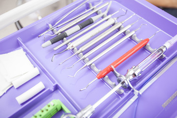 Different dental instruments in a dentist room