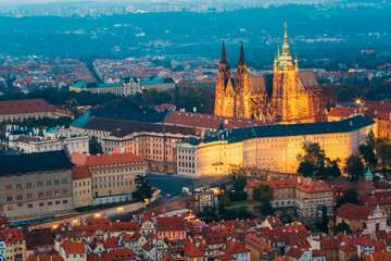 View of Prague, Czech Republic. Castle, St. Vitus Cathedral. Aer