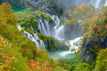 Waterfall the Plitvice Lakes in autumn