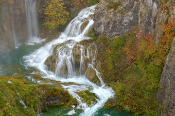 Waterfall the Plitvice Lakes in autumn