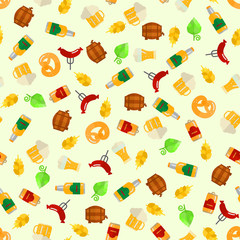 Beer icons seamless pattern (hop branch, wooden barrel, glass of