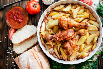 baked chicken legs in garlic marinade with baked potatoes , sauce , tomatoes , bread and herbs on wooden background