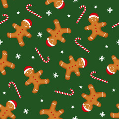 Gingerbread man is decorated in Xmas hat and candy cane on green background. Seamless vector pattern for new year's day, Christmas, winter holiday, cooking, new year's eve. Cute Xmas background.