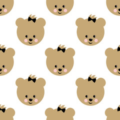 Happy teddy bear seamless pattern. Cute vector background with girl teddy bear. Child style illustration.