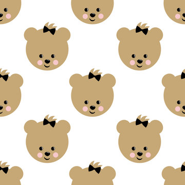 Happy teddy bear seamless pattern. Cute vector background with girl teddy bear. Child style illustration.