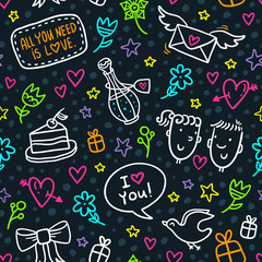 Vector seamless pattern with neon doodles of hearts, flowers, bows, love potions, letters and happy couples