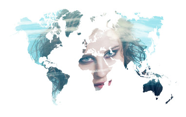 Double exposure of world map silhouette and pretty girl portrait