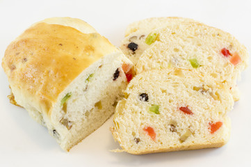 Fruit bread with various dry fruit on white background