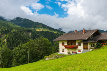 Fototapeta na wymiar Traditional alpine house in green forest mountains