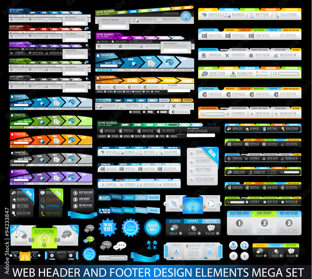Poster Mega Collection of Website templates, web headers, Footers, menu, drop menu, website icons, design elements for web pages, panels, buttons and so on.