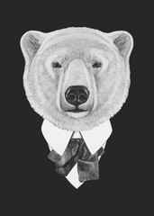 Portrait of Polar Bear in suit. Hand drawn illustration.
