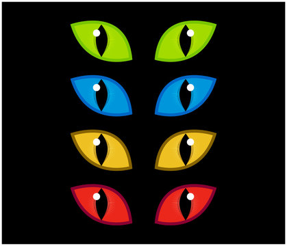 Halloween spooky eyes vector set isolated on black background. Illustration of Evil, dangerous, wild angry cat iris in darkness