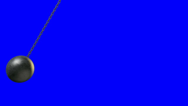 A regular metal wrecking ball attached to a chain swinging to and fro on a blue screen background
