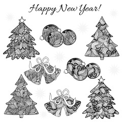 Set of hand drawn Zentangle pattern with Fir-trees, Bells and New Year’s Balls. 