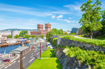 City Hall in Oslo from Akershus Castle, Norway - obrazy, fototapety, plakaty