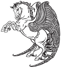 Pegasus mythical winged horse . Black and white tattoo image