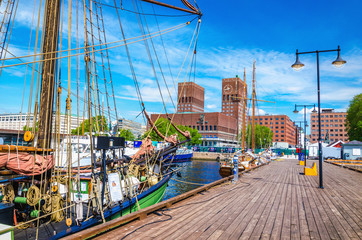 Pier Oslo Fjord with sailing ship, Norway - obrazy, fototapety, plakaty