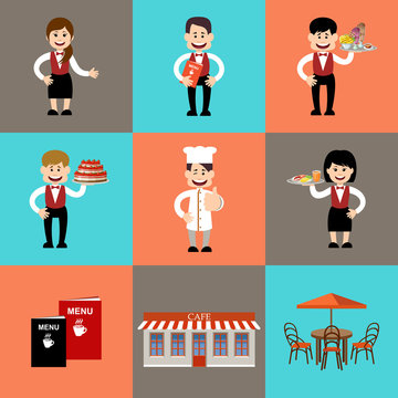 The service personnel in cafe and restaurants. Vector illustration